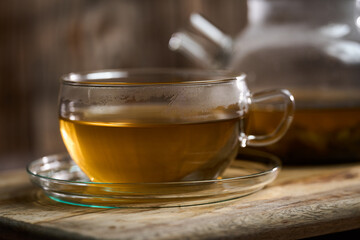 Hot Japanese Sencha tea in a glass cup