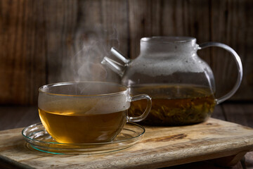 Hot Japanese Sencha tea in a glass cup