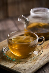 Hot Japanese Sencha tea in a glass cup