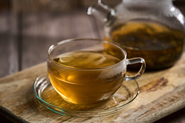 Hot Japanese Sencha tea in a glass cup