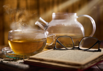 Hot Japanese Sencha tea in a glass cup