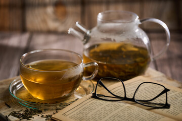 Hot Japanese Sencha tea in a glass cup