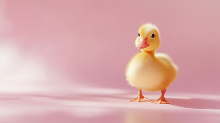 A fluffy yellow duckling with a curious expression, taking small steps, isolated on a soft pastel background, evoking a playful and endearing charm