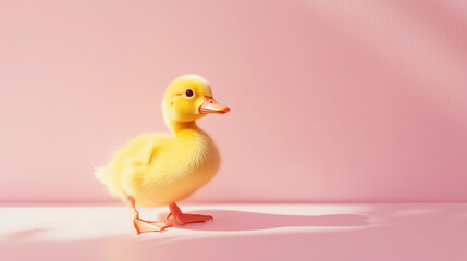 A fluffy yellow duckling with a curious expression, taking small steps, isolated on a soft pastel background, evoking a playful and endearing charm