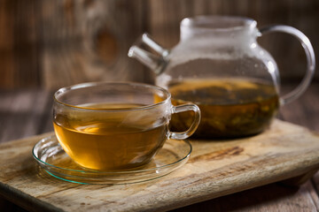 Hot Japanese Sencha tea in a glass cup