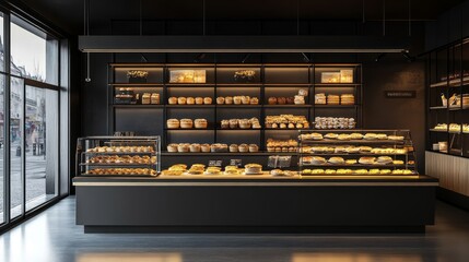 A bakery with a counter full of pastries and bread. There are several shelves with different types of baked goods