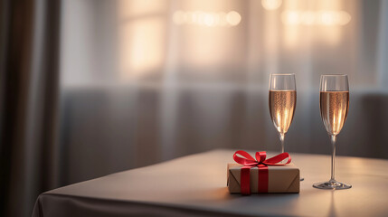 A romantic Valentine's Day table set, featuring a soft light gray tablecloth, two elegant champagne glasses, and a small gift box adorned with a vibrant red ribbon, exuding an atmosphere of love