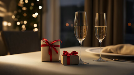 A romantic Valentine's Day table set, featuring a soft light gray tablecloth, two elegant champagne glasses, and a small gift box adorned with a vibrant red ribbon, exuding an atmosphere of love