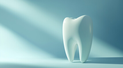 A single, glossy tooth shape with a smooth and polished surface, elegantly displayed against a pastel color background, exuding a clean and minimalist aesthetic