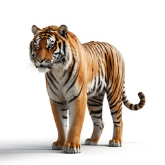 Obraz premium Tiger isolated on a white background, Side view, tiger standing full HD image generated by Ai. full body, realistic, full detail looking at the camera, 
