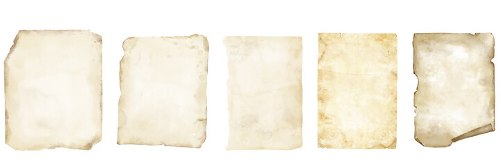 Old paper sheet with worn edges in set. Watercolor digital illustration. Yellowed parchment sheet isolated on white background. Can be used in cards, flyers and invitations, vintage paper page texture