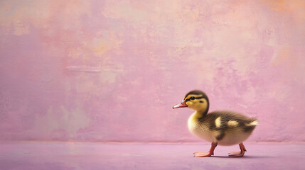 A fluffy yellow duckling with a curious expression, taking small steps, isolated on a soft pastel lavender background, evoking a playful and endearing charm