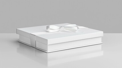 A photorealistic image of a matte white gift box with a magnetic closure and satin bow
