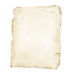 Old sheet of paper with worn edges. Watercolor digital illustration. Yellowed sheet of parchment, isolated on white background. Can be used in cards, flyers and invitations