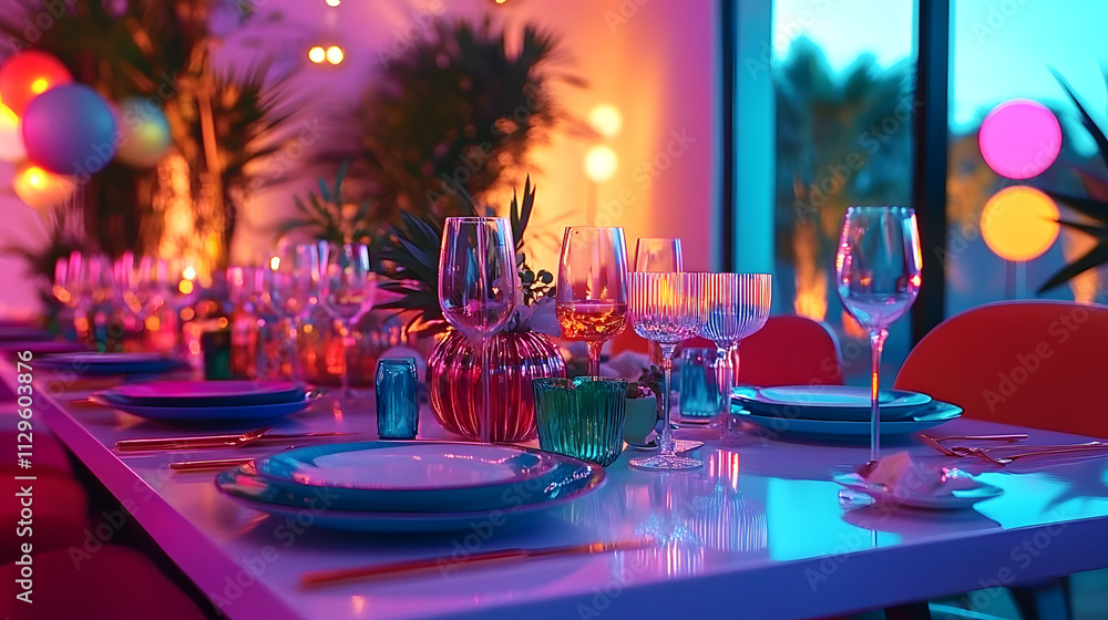 Poster a color block themed party. the mood is fun and groovy. dining table.