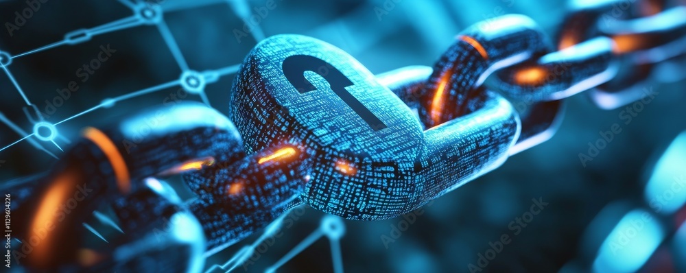 Poster a blockchain network visualization featuring interconnected blocks and nodes with a strong lock symb