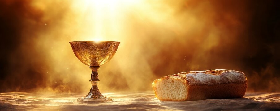 A chalice and a loaf of bread set against an abstract, glowing background that symbolizes the sacrament of Communion.