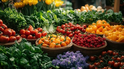 Vibrant Market Scene with Fresh Produce and Colorful Fruits and Vegetables Displayed in Baskets Surrounded by Lush Greenery and Bright Tulips