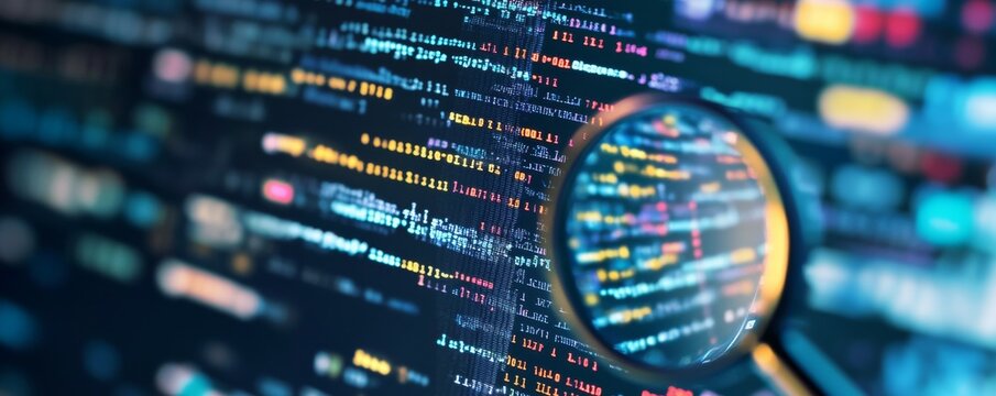 A close-up shot of a magnifying glass scanning over icons that represent coding and programming languages, featuring binary code in the background.
