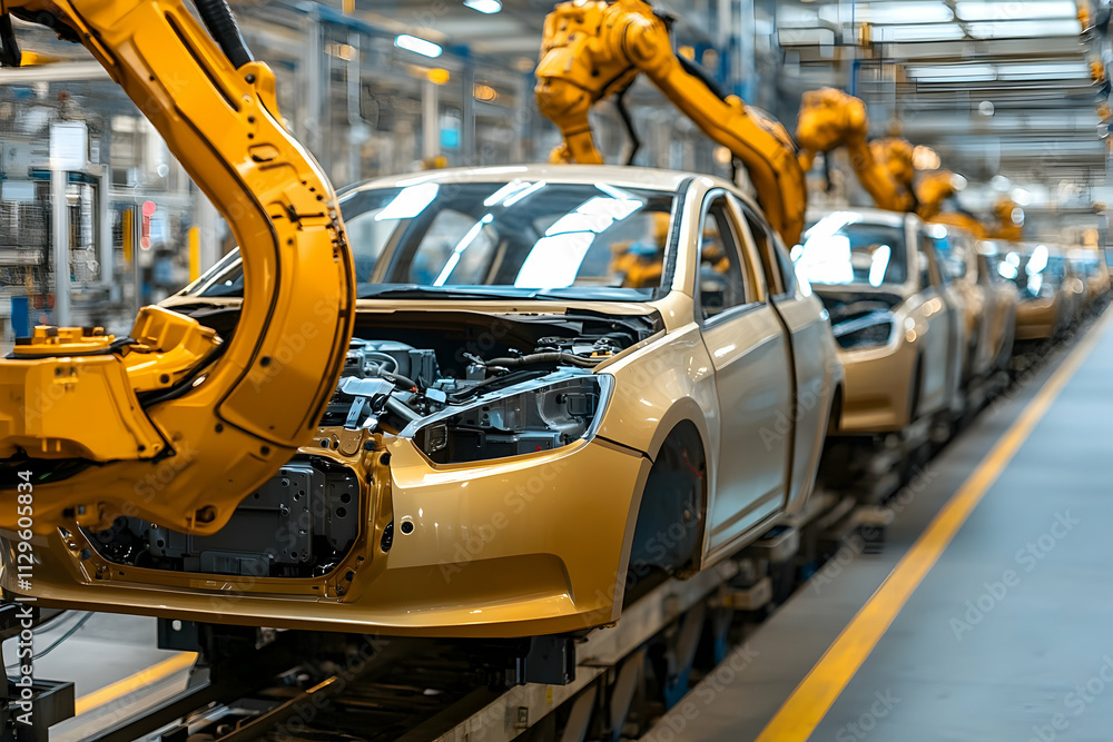 Poster automated car assembly line with robotic arms installing parts.