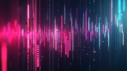 Abstract digital data stream visualization with vertical glowing lines in vibrant pink, magenta, turquoise, and blue hues.