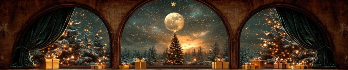 Fototapeta premium Christmas Scene through Archway, Luxurious Grand Room Interior with Moonlit Winter Landscape, Perfect for Holiday Greetings or Festive Design