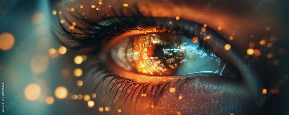 Poster a closeup of a human eye with a glowing iris surrounded by layers of digital security symbols, repre