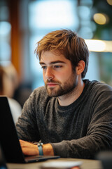 Fototapeta premium White man focused on software development in a relaxed professional setting