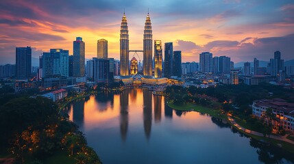 Fototapeta premium Stunning sunset cityscape with skyscrapers reflecting in a lake.