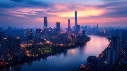 Fototapeta premium Stunning sunrise cityscape with river and skyscrapers.