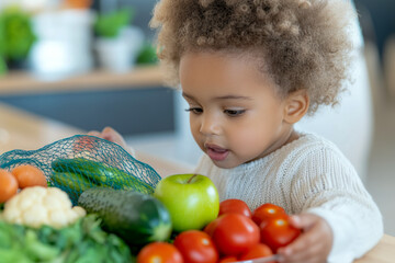 Curious Child Examining Fresh Vegetables and Fruits