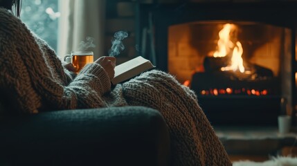 A cozy scene featuring a person wrapped in a blanket, enjoying a book and a drink by a warm fireplace.