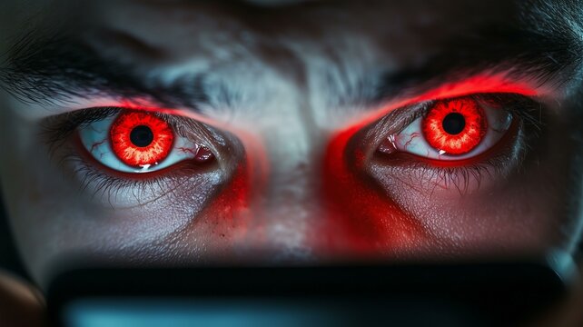 Photorealistic image of a person with eyes strained from intense phone use, highlighting digital fatigue and dependency
