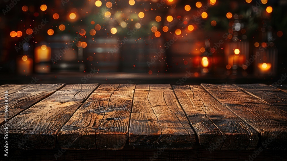 Poster rustic wooden table against a bokeh background of warm lights.