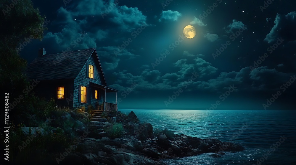 Wall mural Coastal Cottage Illuminated by a Full Moon at Night