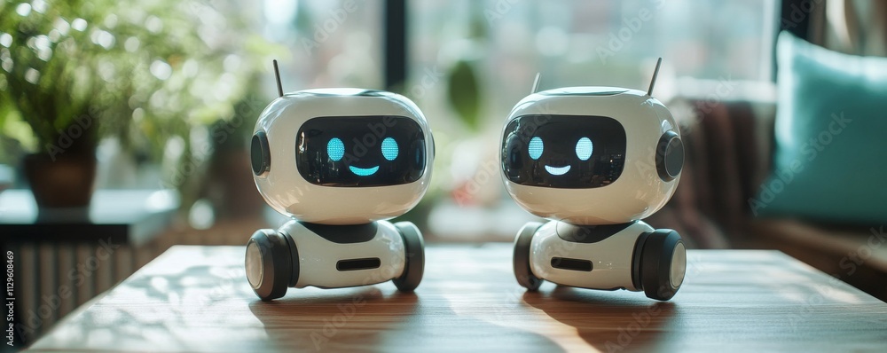 Poster ai adoption in business concept. two cheerful robots with friendly expressions on wooden table