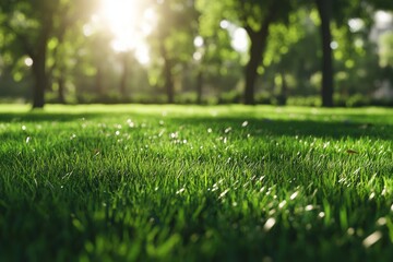 Naklejka premium Sunlit Grass in Park Surrounded by Trees and Nature's Beauty