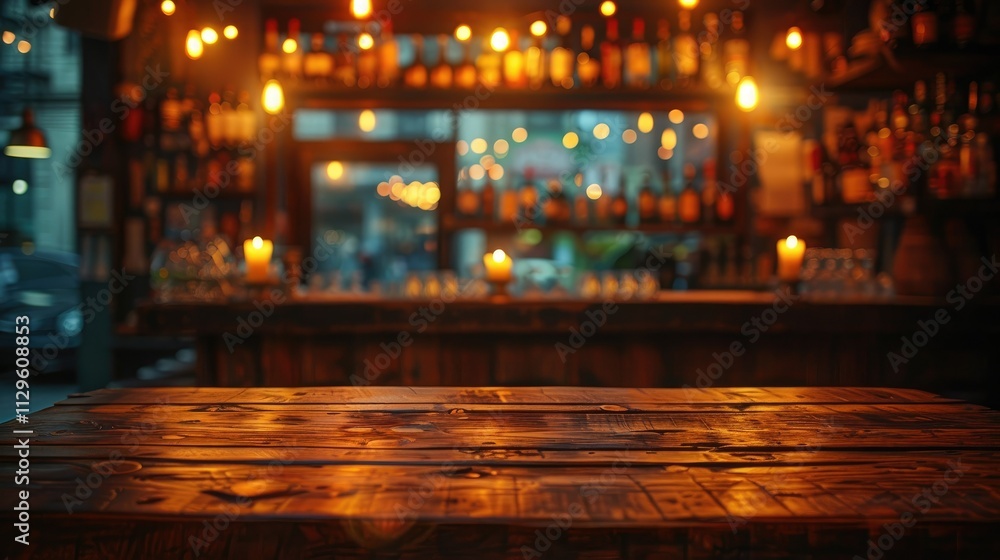 Poster rustic wooden table in front of a dimly lit bar with bottles and lights.