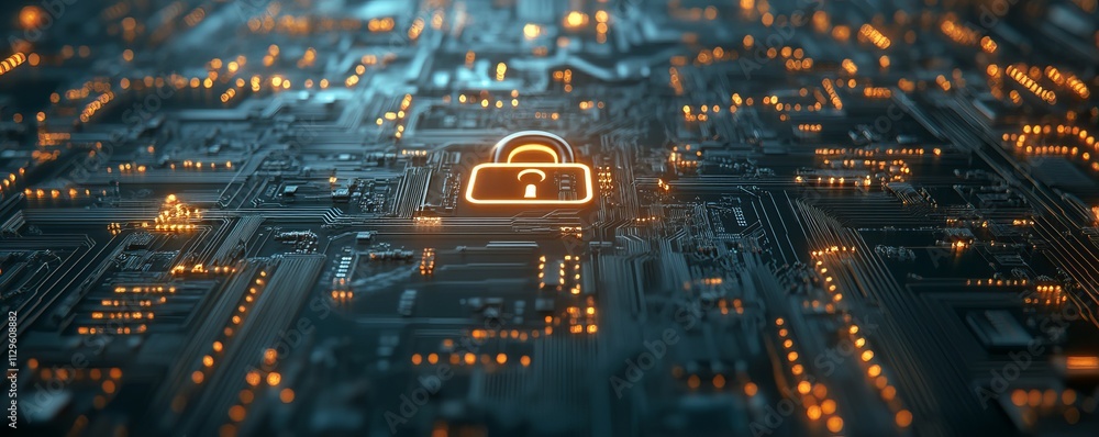 Poster circuit board pattern forming a glowing digital padlock, symbolizing the integration of security in 