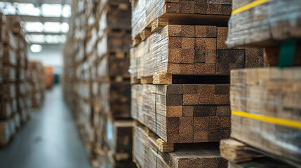 Neatly stacked wooden boards in an outdoor warehouse, symbolizing organization, stability, and sustainable construction materials, with natural textures creating a rustic, earthy aesthetic
