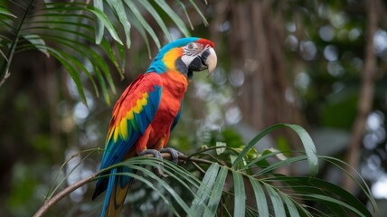Obraz premium A colorful parrot is perched on a leafy branch. The bird is bright red, blue, and yellow, and it is looking at the camera. The scene is lively and vibrant