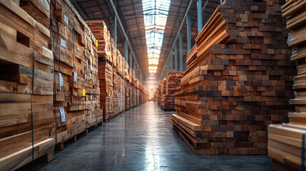 Fototapeta premium Neatly stacked wooden boards in an outdoor warehouse, symbolizing organization, stability, and sustainable construction materials, with natural textures creating a rustic, earthy aesthetic