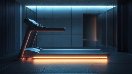 photorealistic minimalistic sleek treadmill glowing softly in a modern minimalist gym setup