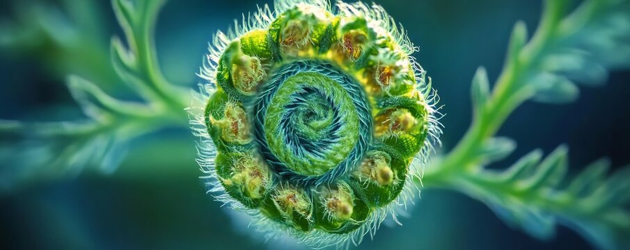 Closeup of a green fern frond unfolding, vibrant details, natural symmetry, botanical theme