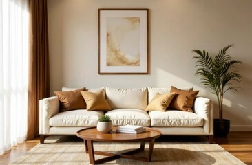 Fototapeta premium Interior design. Living room in beige and brown mocha colors. Comfy sofa, pillows, coffee table framed poster on the wall. living room interior, trendy colors