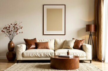 Interior design. Living room in beige and brown mocha colors. Comfy sofa, pillows, coffee table framed poster on the wall. living room interior, trendy colors