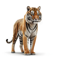 Obraz premium Tiger isolated on a white background, Side view, tiger standing full HD image generated by Ai. full body, realistic, full detail looking at the camera, 