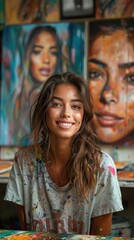 Fototapeta premium Smiling woman artist in her studio, surrounded by colorful portraits.