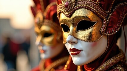 Fototapeta premium Two ornate Venetian masks, one slightly out of focus, display gold and red detailing. Concept of masquerade tradition. Mardi Gras