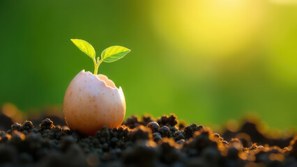 A tiny sprout emerges from a cracked eggshell in rich soil, bathed in warm sunlight. Concept of new life and growth.
